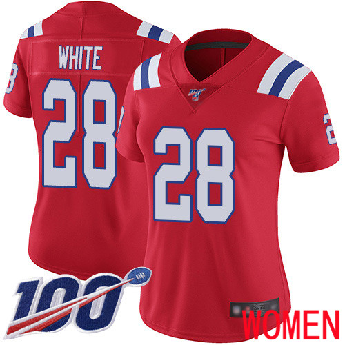New England Patriots Football #28 100th Season Limited Red Women James White Alternate NFL Jersey->women nfl jersey->Women Jersey